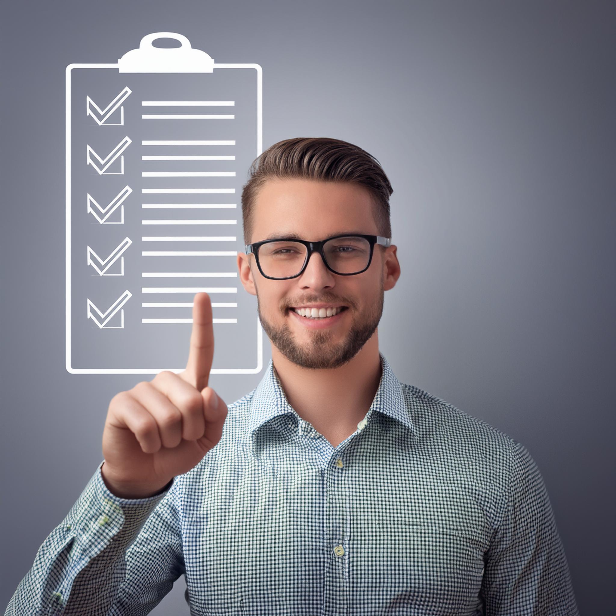 A smiling man with glasses and a neatly trimmed beard is pointing upwards with his index finger. He is wearing a checkered shirt and standing against a gray background. To his left, there is an illustration of a clipboard with a checklist, all items marked with checkmarks, indicating completion. The image conveys a sense of organization and productivity.