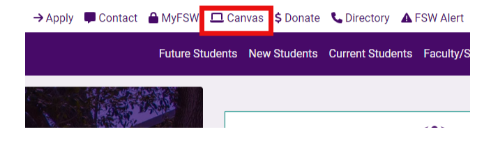 The top navigation bar on the Florida SouthWestern State College website. The navigation bar is purple with white text and includes links for "Apply," "Contact," "MyFSW," "Canvas," "Donate," "Directory," and "FSW Alert." The "Canvas" link is highlighted with a red box. The sections for "Future Students," "New Students," "Current Students," and "Faculty/Staff" are below the navigation bar.