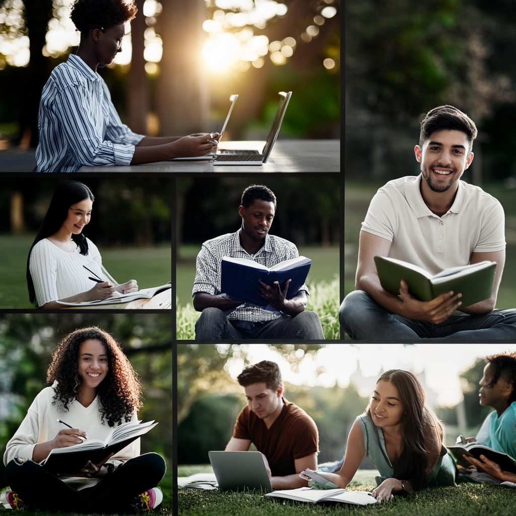 A collage of college students engaged in various outdoor learning activities. Some are sitting on the grass reading books, others are using laptops, and a few are taking notes. The scenes depict a relaxed and collaborative outdoor study environment.