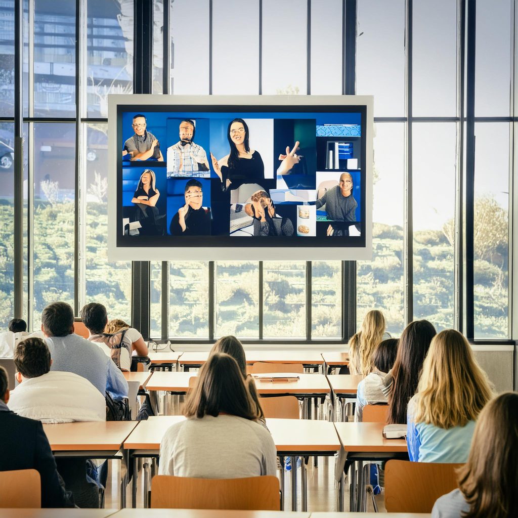 A college classroom filled with students sitting at desks facing forward. At the front of the room is a large projector screen displaying a Zoom call layout with several students visible in individual boxes, each participating virtually.