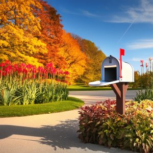 A white mailbox with a red flag stands open on a wooden post surrounded by vibrant autumn foliage, with bright red flowers in the foreground and golden-orange trees in the background under a clear blue sky.