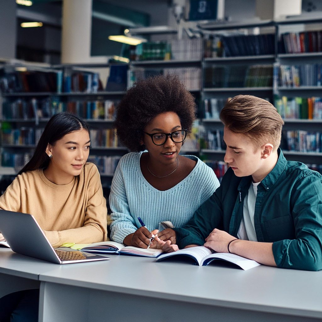 Three college students collaborate at a table in a library. They are surrounded by bookshelves and have notebooks and a laptop open in front of them. The students are engaged in discussion, with one pointing to notes in a book.