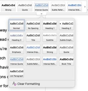 Figure 2. A screenshot of a drop-down menu in Microsoft Word that displays various navigation styles. “Title,” “Heading 1,” and “Heading 3” are some of the examples listed. Screenshot by author