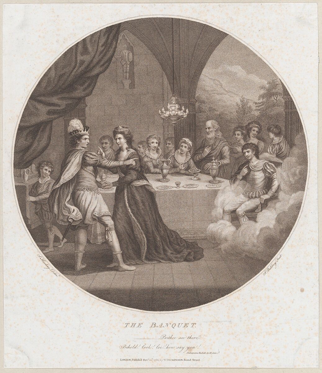 Drawing of Macbeth and Lady Macbeth around a banquet table